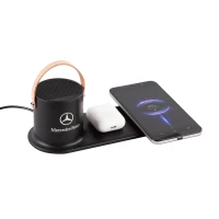 Настольная беспроводная (15W) зарядная станция &quot;Blacksmith&quot; с bluetooth колонкой с подсветкой логотипа, черный